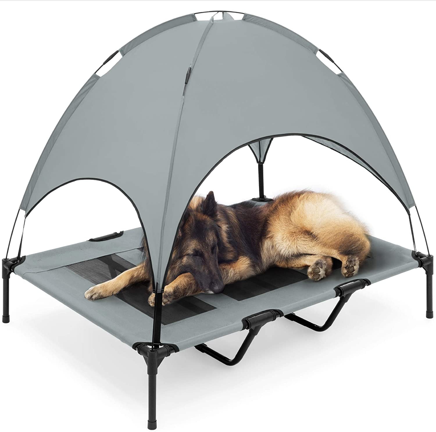 48in Elevated Cooling Dog Bed, Outdoor Raised Mesh Pet Cot w/Removable Canopy Shade Tent, Carrying Bag, Breathable Fabric - Gray