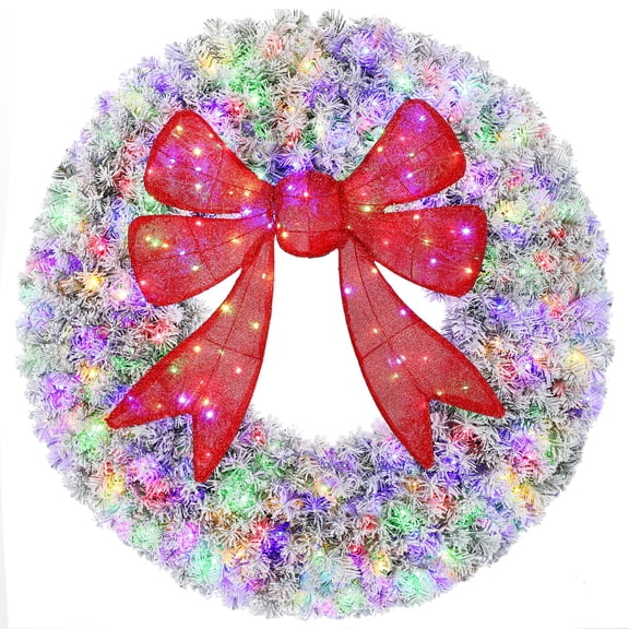 48in Flocked Artificial Christmas Wreath with 11 Light Settings, Remote Control&3D Red Bow for Front Door Decor