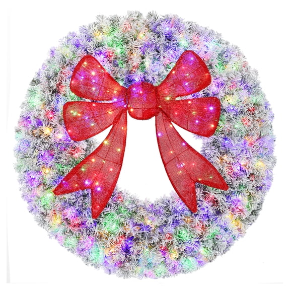 48in Flocked Christmas Wreath with Lights & 3D Bow, Pre-Lit Holiday Wreath for Front Door, 11 Modes, Remote Control, Indoor Outdoor Decor