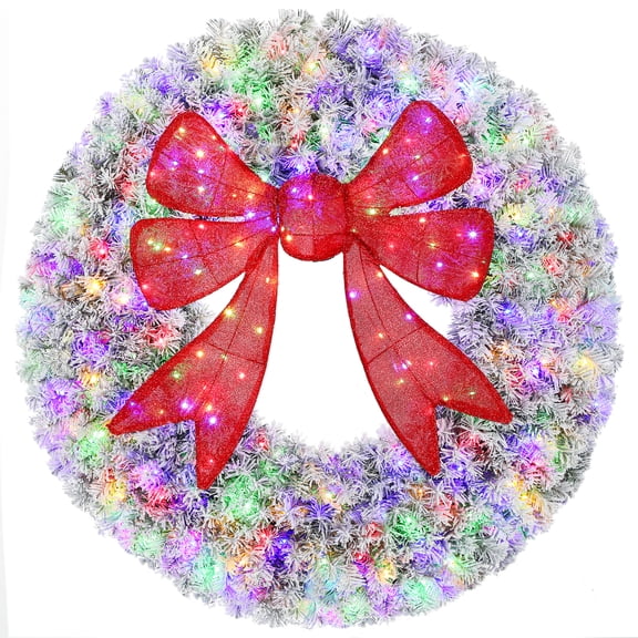 48in Flocked Pre-Lit Christmas Wreath with 3D Red Bow, 11 Lighting Modes, Front Door Christmas Wreath with Remote
