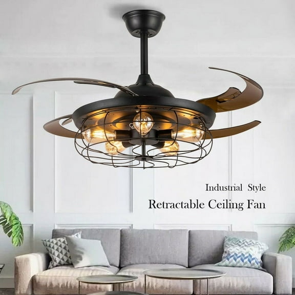 48in Industrial Ceiling Fan Light Retractable Blades Vintage Cage Chandelier +RC
