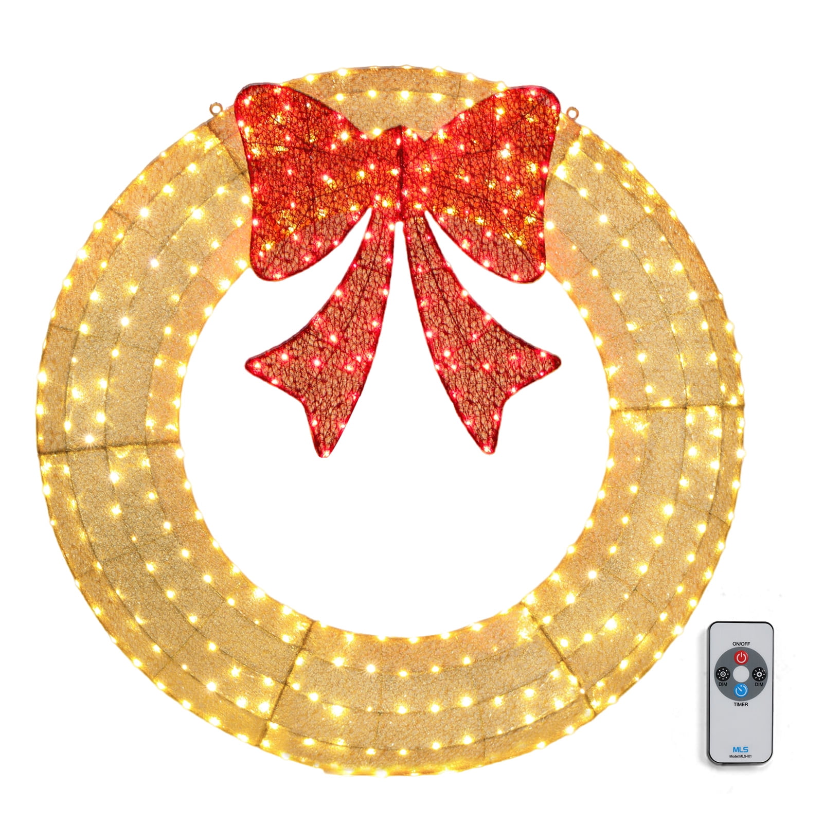 48in Gold LED Pre-Lit Outdoor Christmas Wreath with Red Bow