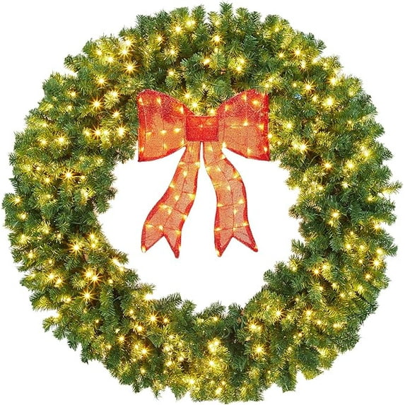 48in Large Artificial Pre-Lit Fir Christmas Wreath Holiday Accent Decoration for Door, Mantel w/Red Lighted Bow, 250 LED Lights, 714 PVC Tips, Power Plug-in(Green)