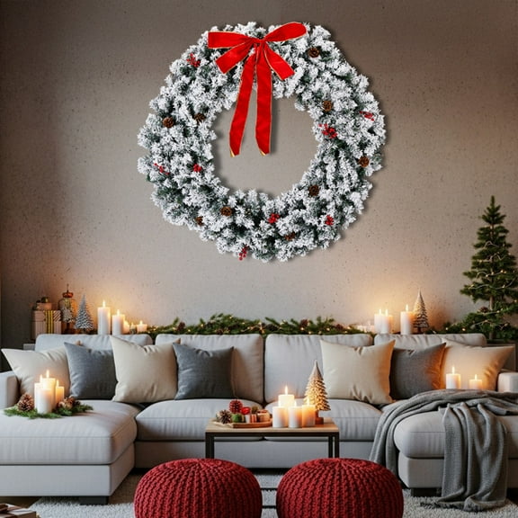 48in Lighted Artificial Christmas Wreath, 450 PVC Tips, 150 Warm White LEDs (8 Modes), DIY Ornaments for Front Door, Mantel,Hallway