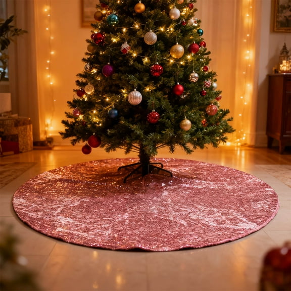 48in Pink Sequin Christmas Tree Skirt - Vintage Glitter Polyester Tree Skirt, Festive Holiday Party Decoration for Home, Soft Shimmering Tree Skirt, Ideal for Christmas Tree Base & Gift Display