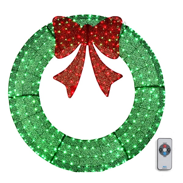 48in Pre-Lit Outdoor Christmas Wreath - 315 Warm White LED Lights, Green Foliage with Red Bow, Timer Remote Control, Weather-Resistant