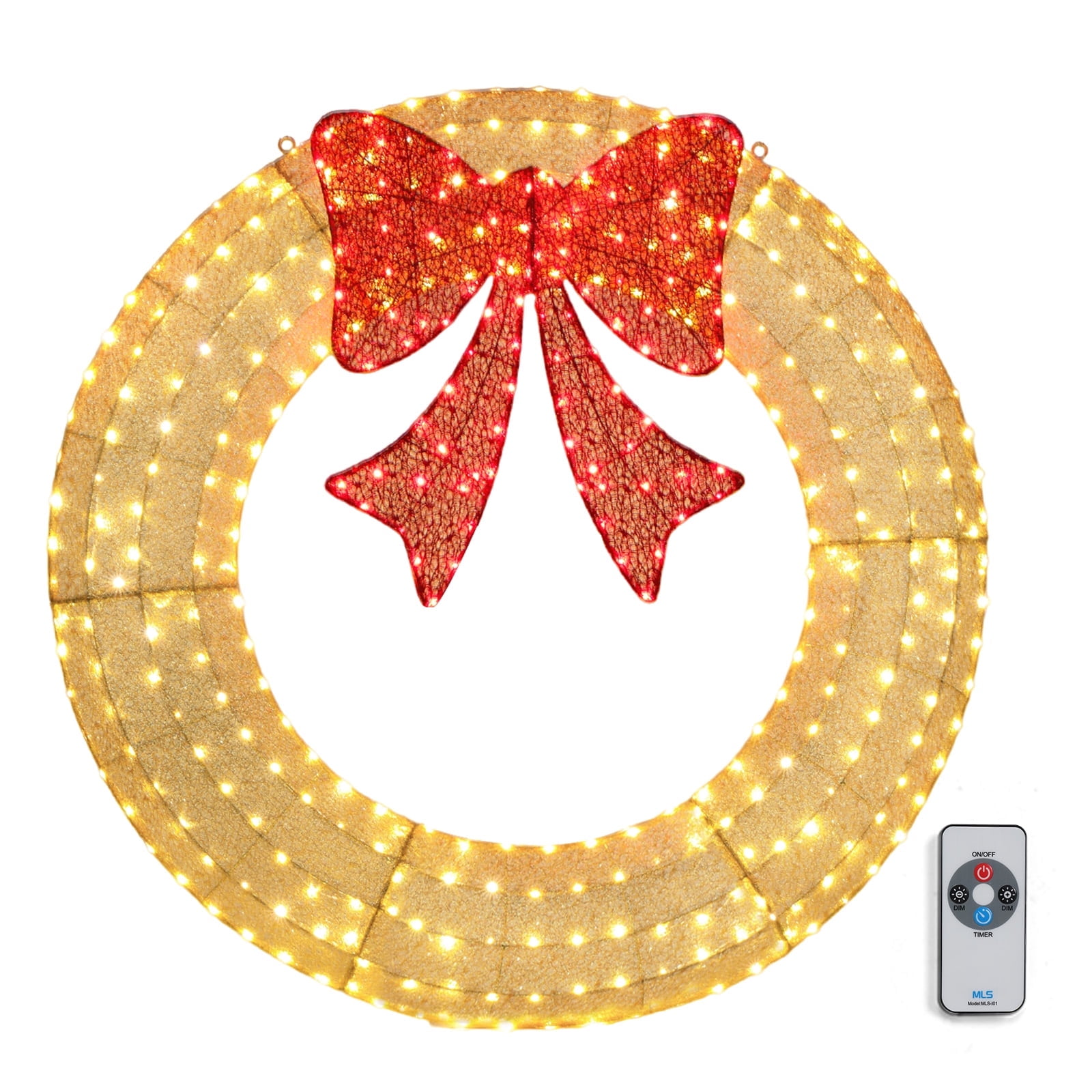 48in Gold LED Pre-Lit Outdoor Christmas Wreath with Red Bow