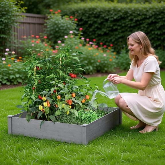 48in Raised Garden Bed Outdoor Wood Planter Box Tool Free Assembly 300lbs Capacity Natural Wood Square Planter for Vegetables Flowers Herbs Patio Deck Backyard Lawn Gardening Elevated Bed