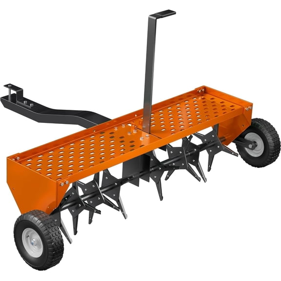 48in Tow-Behind Lawn Plug Aerator with 32 Steel Tines Weight Tray and Pneumatic Tires