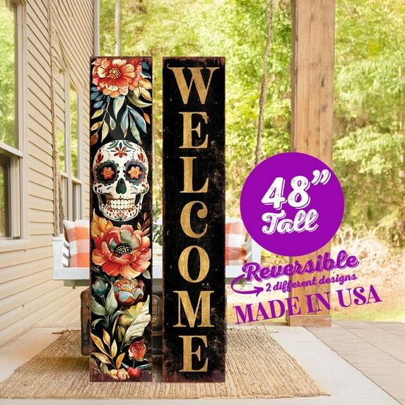 Reversible Dia de los Muertos Welcome Porch Sign - Vintage Sugar Skull Decor