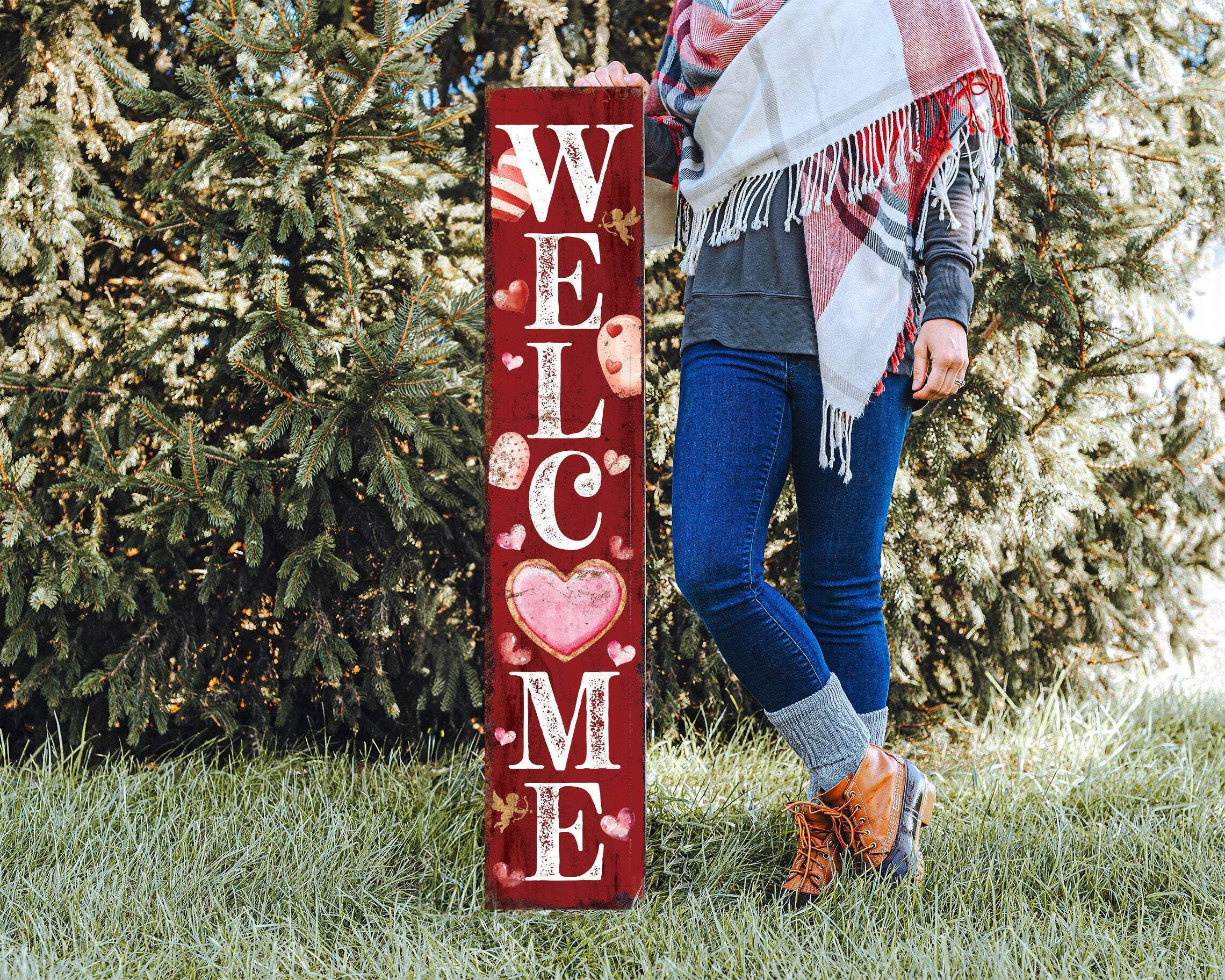 Ymaotrade Personalized Wooden Family Name Welcome Sign - 48x8 Inch, Custom Last Name Vertical Leaner For Porch, Front Door, Rustic Home Decor