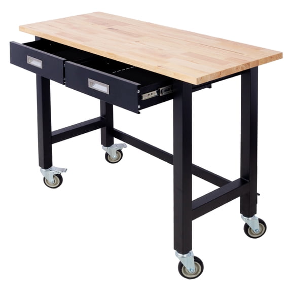 48in Workbench with Drawers, Heavy Duty Bamboo Work Table with Wheels