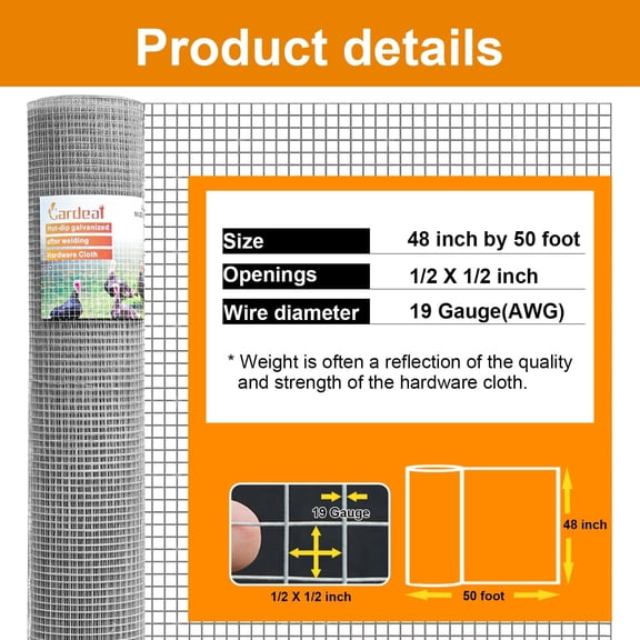 48in x 50ft 19 Gauge 1/2 Inch Hardware Cloth - Double Hot-Dipped Galvanized After Welding Steel Mesh - Duty Rust Proof Fencing for Gardens, Chicken Coops & Poultry Animal Netting Cage Screen