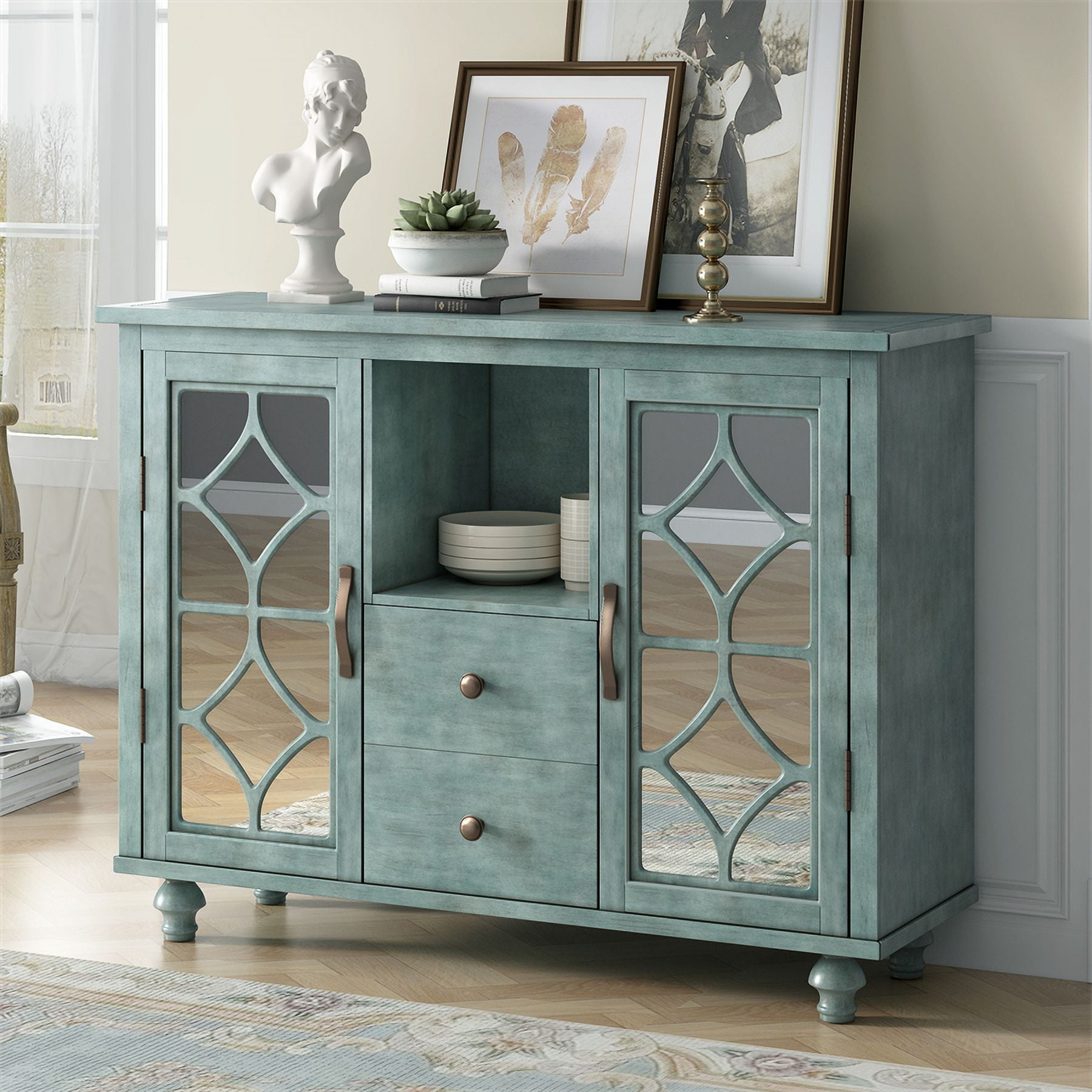 48inch Accent Storage Cabinet Wood Buffet Console Table with 2 Drawers Adjustable Shelves and Mirrored Doors Modern Sideboard with for Living Room