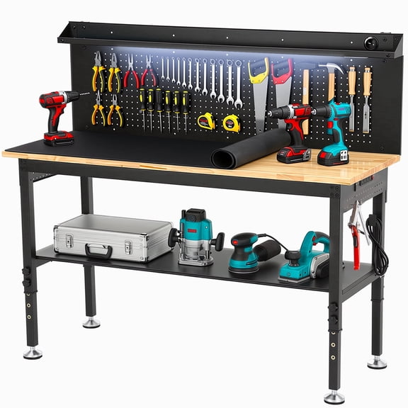 Workbench,ENJOYWOOD 2 Tier 60 inch Heavy Duty Workbench with Pegboard, Storage Shelf, Power Outlets and LED Light,3000 LBS Load Capacity,Black