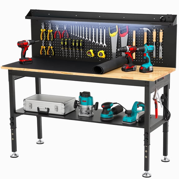 Workbench,ENJOYWOOD 2 Tier 60 inch Heavy Duty Workbench with Pegboard, Storage Shelf, Power Outlets and LED Light,3000 LBS Load Capacity,Black