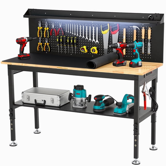 Workbench,ENJOYWOOD 2 Tier 60 inch Heavy Duty Workbench with Pegboard, Storage Shelf, Power Outlets and LED Light,3000 LBS Load Capacity,Black