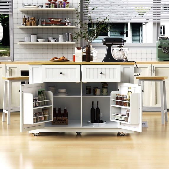 48inch Large Kitchen Island With 2 Bar Stools, Power Outlet, Door Internal Storage Rack, Kitchen Storage Cart On 5 Wheels With Drop Leaf, 5 Open Side Racks, 2 Drawers,for Kitchen,Dining Room,White