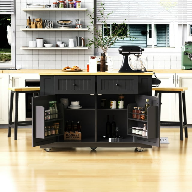 48inch Large Kitchen Island with 2 Bar Stools, Power Outlet, Door Internal Storage Rack, Kitchen Storage Cart on 5 Wheels with Drop Leaf, 5 Open Side Racks, 2 Drawers,for Kitchen,Dining Room,Black