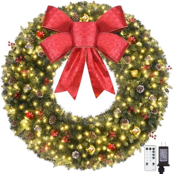 48inch Large Outdoor Christmas Wreath with Lights 200 Led - Pre-Lit Christmas Wreath with Bow, Berries, Pine Cones & Jingle Bells - Lighted Artificial Xmas Wreaths for Walls Garages Mantel