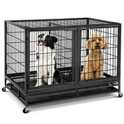48inch Metal Wire Dog Crate with Divider,Indestructible Dog Crate Kennel,Stackable Feature Dog Cage,XXL for Large Dogs,Sturdy Locks Design/Double Door with Wheels/Removable Tray