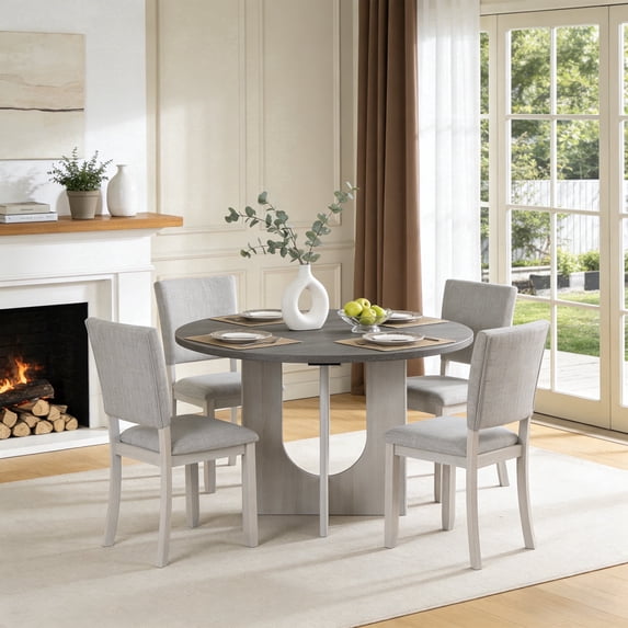 48inch Round Dining Table Set for 4 Modern Solid Wood 5-Piece Kitchen & Dining Room Set with Upholstered Chairs Pedestal Base, Gray