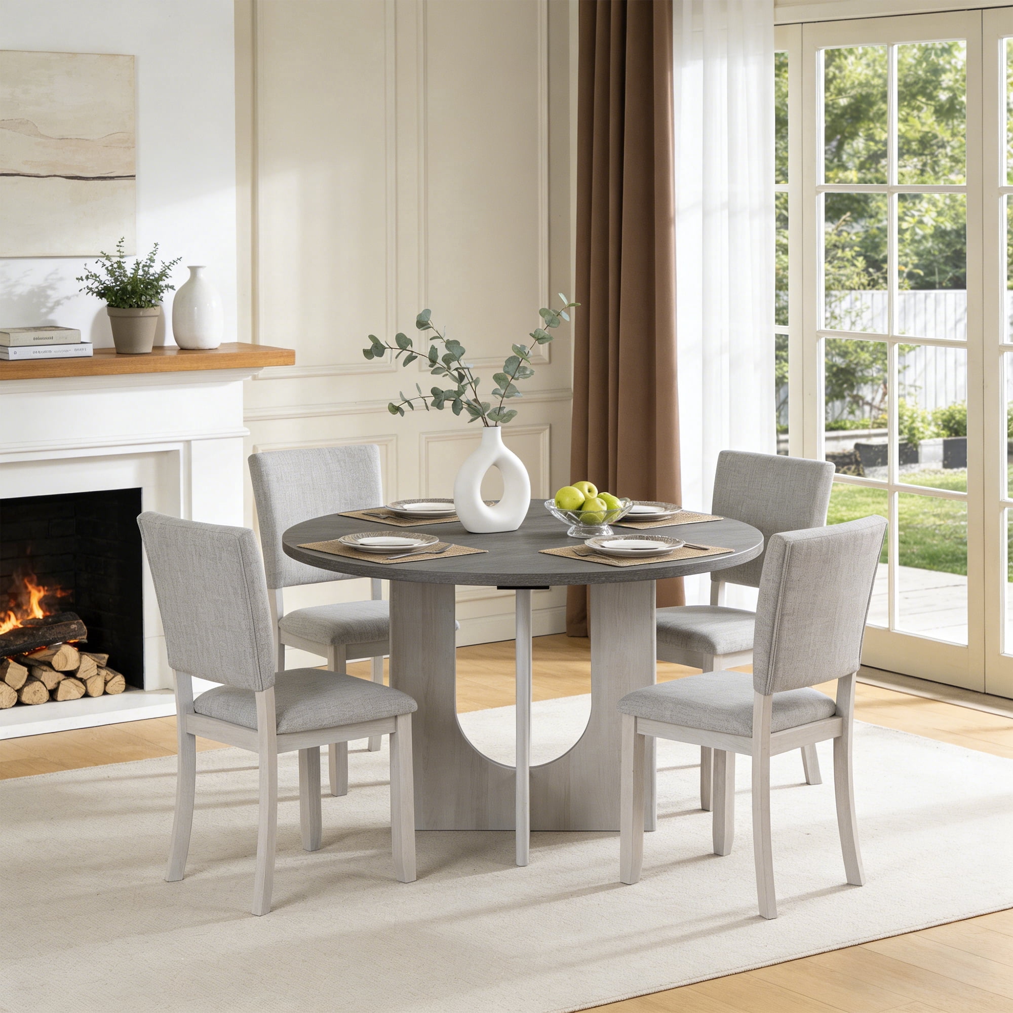 48inch Round Dining Table Set for 4 Modern Solid Wood 5-Piece Kitchen ...