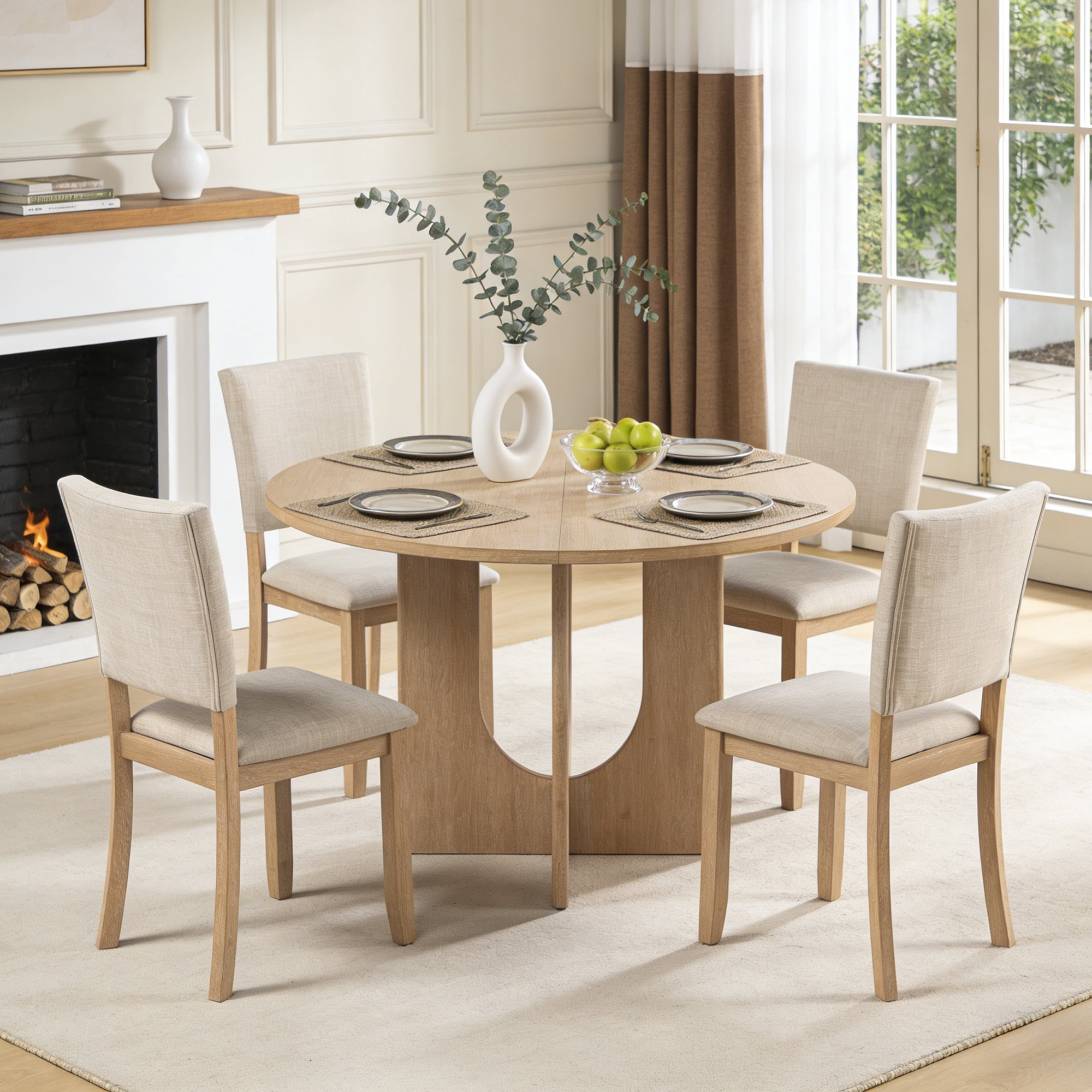 48inch Round Dining Table Set for 4 Modern Solid Wood 5-Piece Kitchen ...