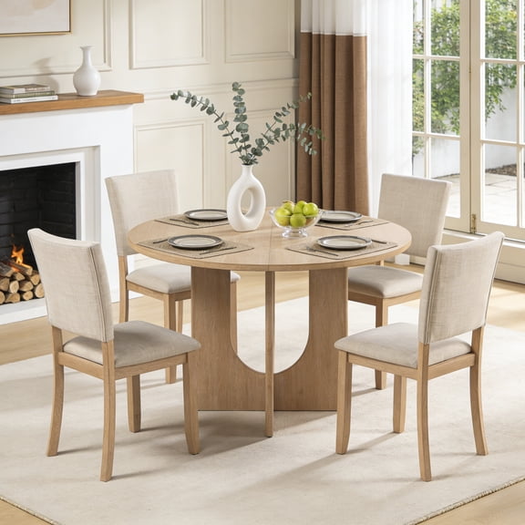 48inch Round Dining Table Set for 4 Modern Solid Wood 5-Piece Kitchen & Dining Room Set with Upholstered Chairs Pedestal Base, Natural