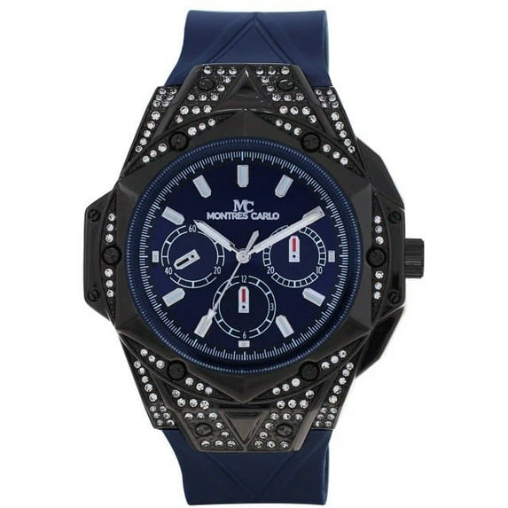 48mm Montres Carlo Cubic Zirconia Stones Dress Luxury Wrist Men's Modern Watch (Black/Blue)