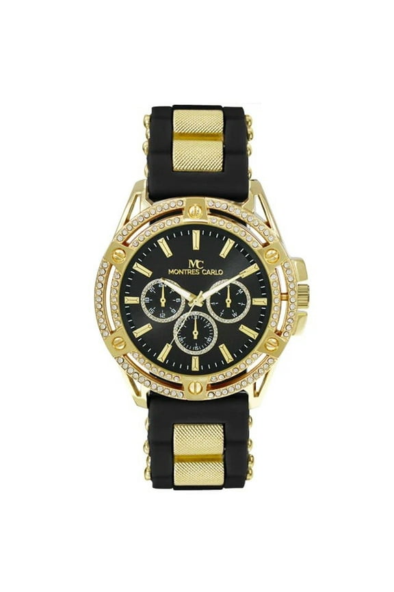 48mm Montres Carlo Men's Fashion Sport Stones Silicone Band Luxury Wrist Watch (Gold/Black)