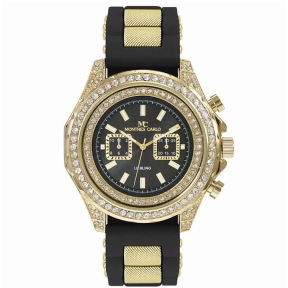 48mm Montres Carlo Men's Fashion Stones Bezel Silicone Band Sport Dress Watch (Gold/Black)