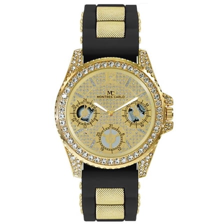48mm Montres Carlo Men's Fashion Stones Sport Silicone Band Dress Wrist Watch (Gold/Black)