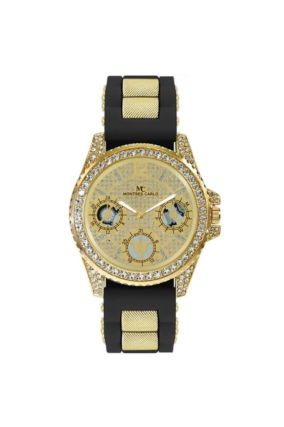 48mm Montres Carlo Men's Fashion Stones Sport Silicone Band Dress Wrist Watch (Gold/Black)