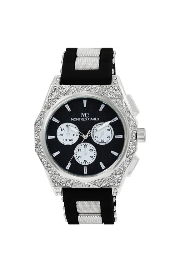 48mm Montres Carlo Men's Silicone Band Quartz Sports Stones Hip Hop Analog Watch (Silver/Black)