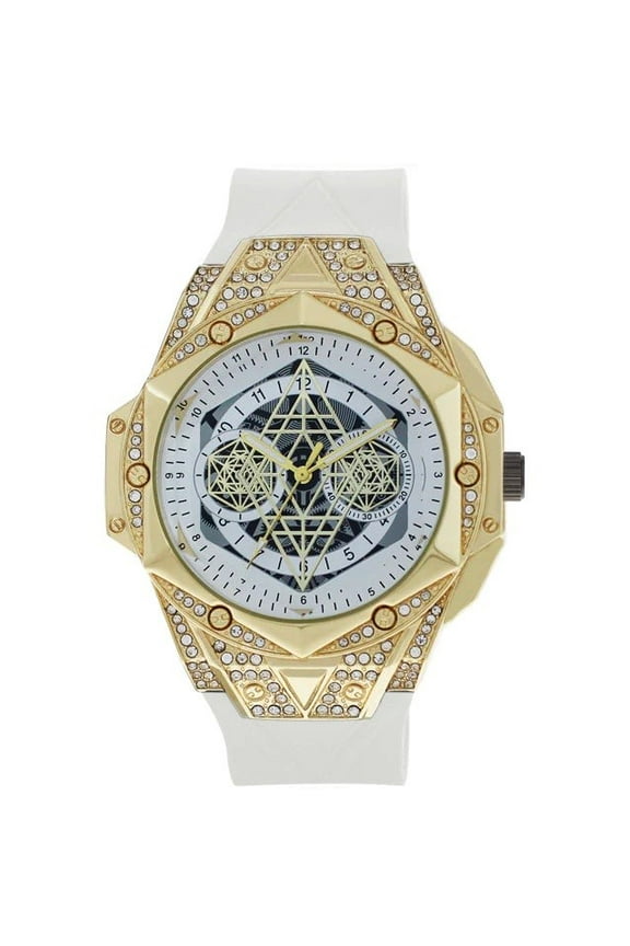 48mm Montres Carlo Modern Cubic Zirconia Stones Luxury Wrist Men's Dress Watch (Gold/White)