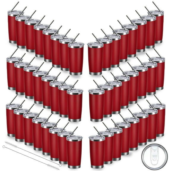 48pack 20oz red insulted tumblers stainless steel cup Tumbler Bulk with push Lid, and metal straw powder coated coffee cup for cold and hot drinking
