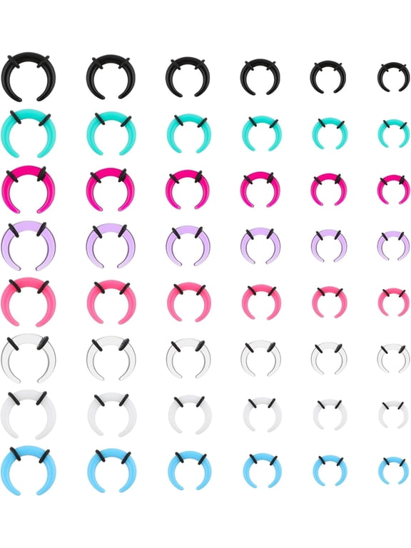 48pc Acrylic Pincher Tapers C Shape Buffalo Septum Stretching Kit With Black O-Rings - Silver, Black, Gold Septum Rings