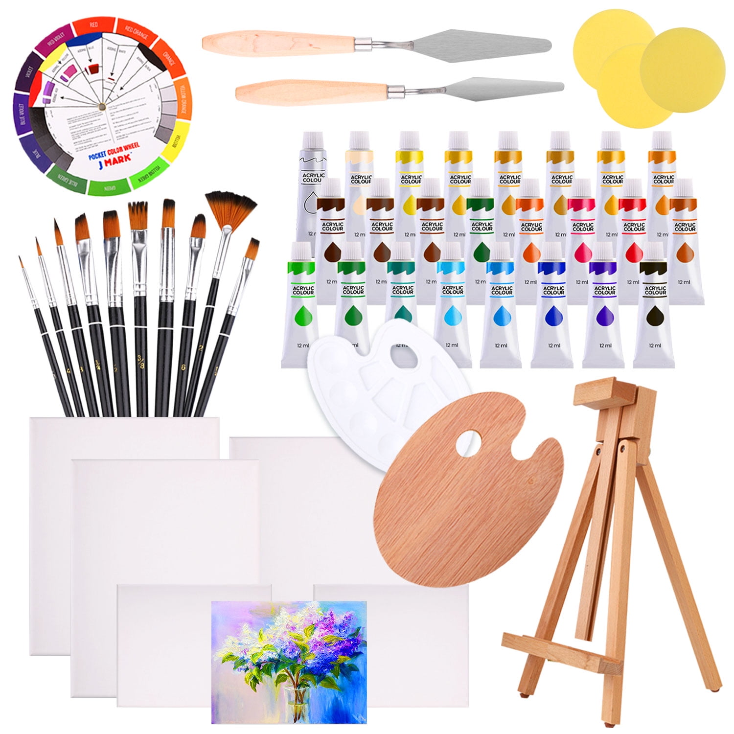 ESRICH Acrylic Paint Canvas Set,52 Piece Professional Painting Supplies Kit  with 2 Wood Easel,2 * 12Colors,2 * 10 Brushes,Circular Canvas Etc,Premium