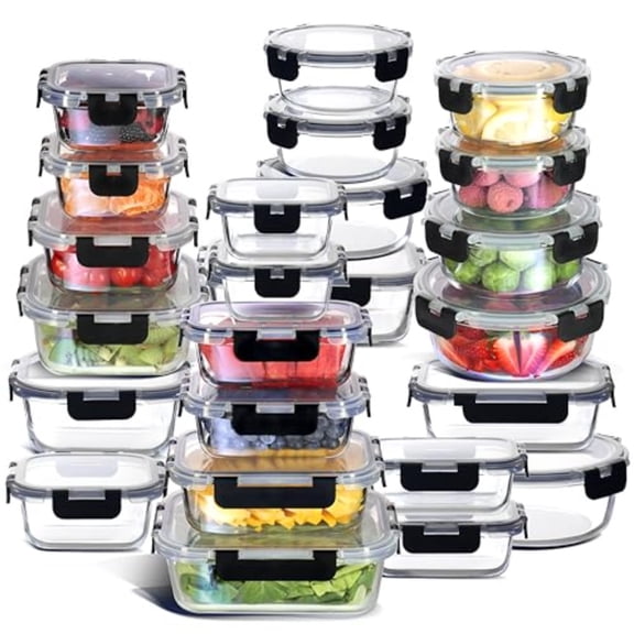 48pc Glass Storage Containers with Lids 24 Set Glass Food Storage Containers with 24 Airtight Lids Pantry Kitchen Meal Prep Containers for Lunch Freezer Storage Containers Dishwasher Safe