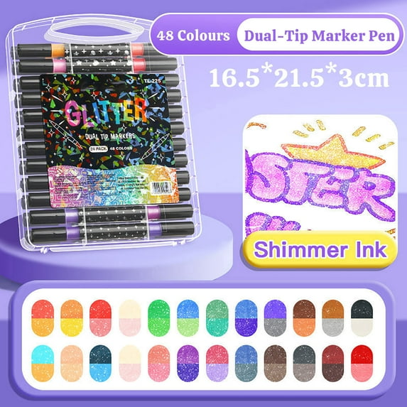 48pcs 10ml Dual-Tip Glitter Marker Pens, Double-Sided Pearl Glitter Markers with Soft Head, Sparkling Fluorescent Watercolor Pens for Art Craft Handmade Journal Scrapbooking, B