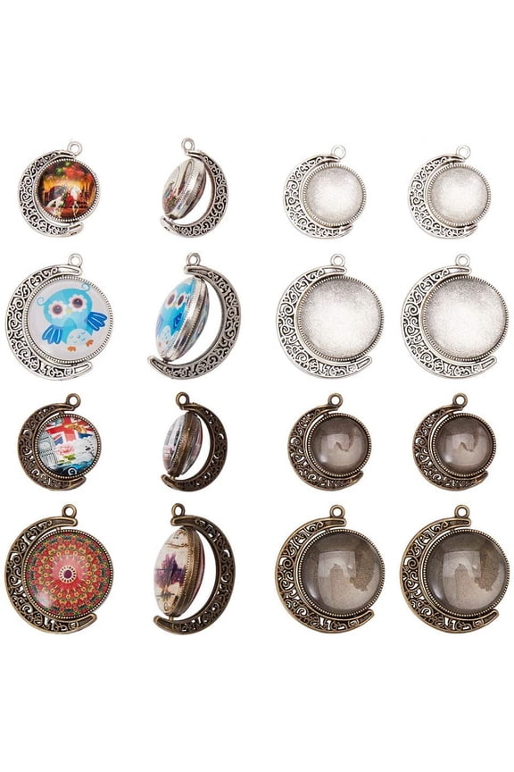48pcs 2 Size Moon Rotation Double Side Pendant Tray Kit 16pcs Round Blank Bezel Pendant Trays Base Cabochon Settings with 32pcs Clear Glass Cabochons Dome for DIY Jewelry Making Findings Colorful