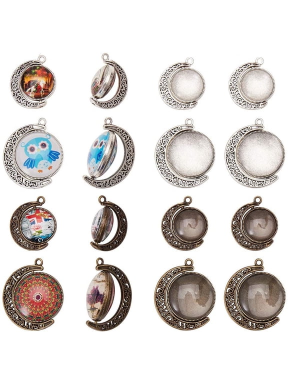 48pcs 2 Size Moon Rotation Double Side Pendant Tray Kit 16pcs Round Blank Bezel Pendant Trays Base Cabochon Settings with 32pcs Clear Glass Cabochons Dome for DIY Jewelry Making Findings Colorful