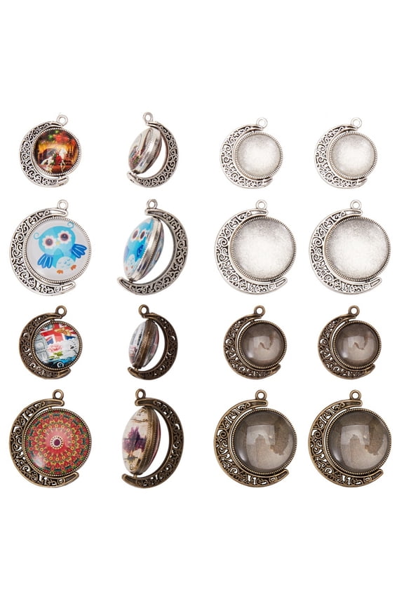 48pcs 2 Size Moon Rotation Double Side Pendant Tray Kit 16pcs Round Blank Bezel Pendant Trays Base Cabochon Settings