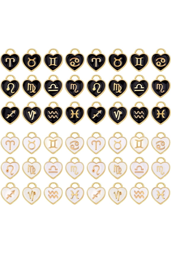 48pcs (4 Sets) Heart Enamel 12 Constellations Charms Double Sided Zodiac Sign Dangle Pendants Craft Supplies for DIY Necklace Bracelet Earrings Jewelry Making, 2 Colors