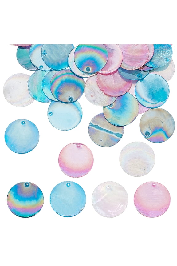 48pcs 4 colors AB color Plated Natural Capiz Shell Pendants Dyed Flat Round Charms Mixed color 24~25x1~2mm Hole: 1~1.5mm 12pcs/color