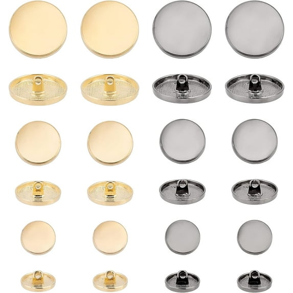 48pcs 6 Styles Metal Shank Buttons 1-Hole Flat Round Button Golden Silver-Black Button Set for Fabrics Crafts DIY Projects 15mm 20mm 25mm