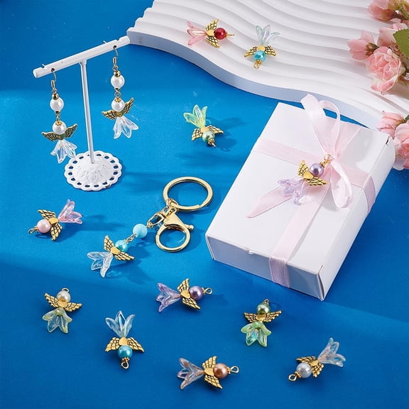 48pcs 8 Colors Angel Wing Charms 1.3 inch Angel Fairy Pendants Colorful Angel Pearl Bead Golden Wings Guardian Fairy Angel Pendants for Earrings Necklace Bracelet Keychain Jewelry