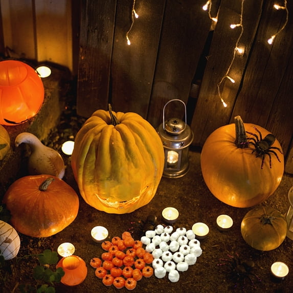 48pcs Artificial Halloween Pumpkin Model, Realistic Simulation Gourd Ornament for Tabletop, Mantel, Shelf, Harvest Centerpiece, Party Display and Autumn Home Decoration, Orange+White