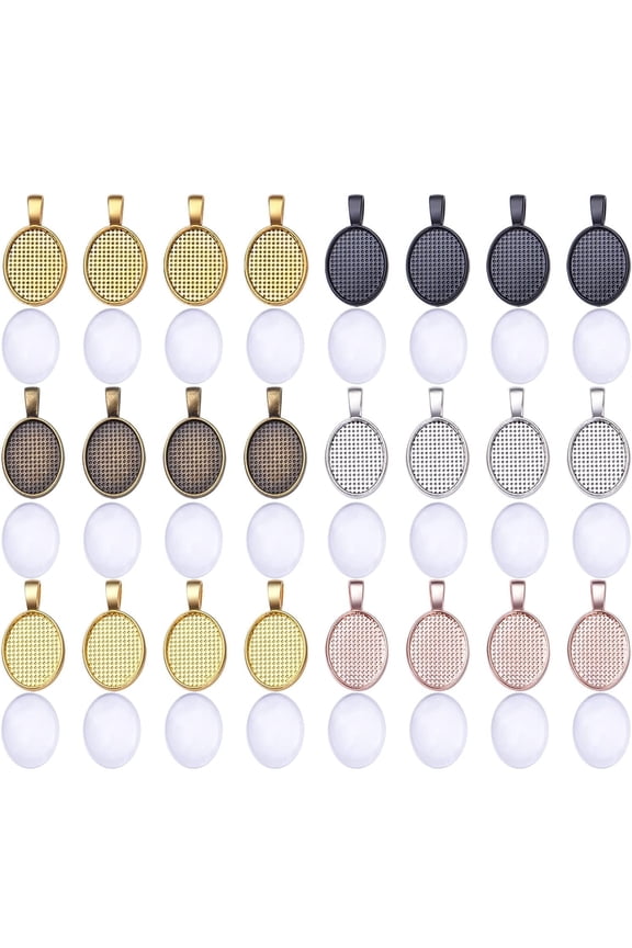 48pcs Bezel Pendant Blanks Set,  24pcs Glass Cabochons Clear Dome Tiles  with 24pcs 6 Colors Oval Pendant Trays Bezel Blanks for DIY Bracelet Necklace Jewelry Crafts Making